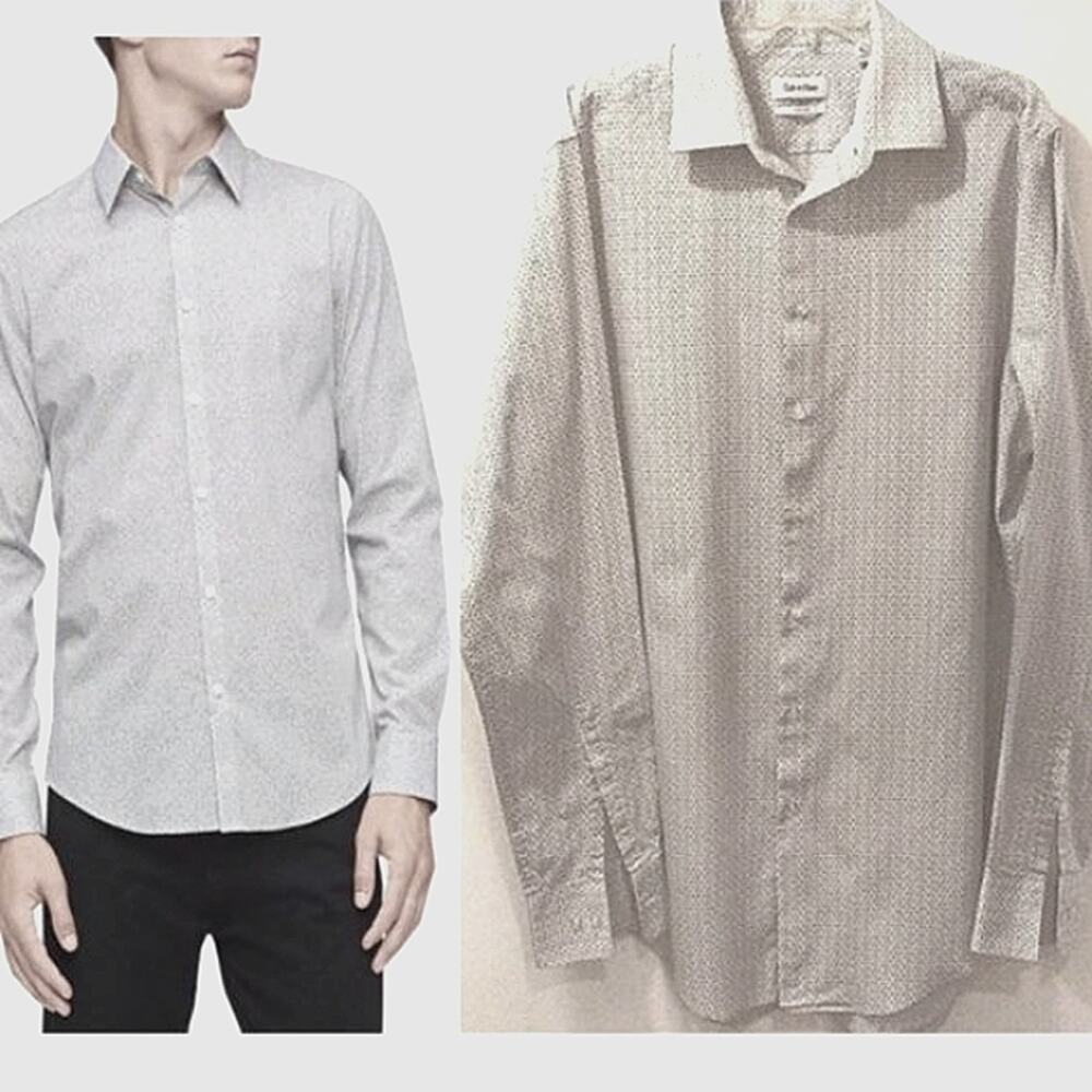 Calvin Klein Dress Shirt Sz 17 36/37 SlimTall BLUE Long‎ Sleeve Geometric Preppy
